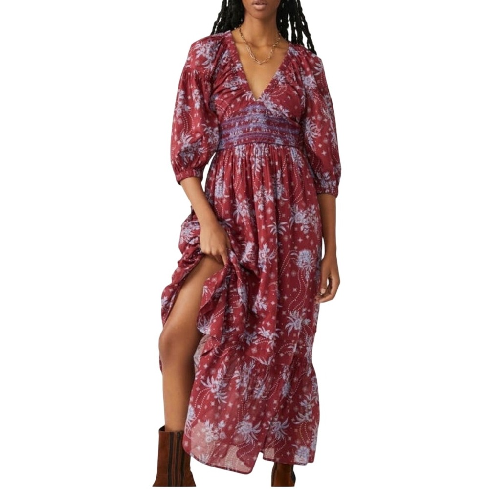 Free People Golden Hour Pullover Maxi Dress Women's M Pockets Peasant Boho Flowy